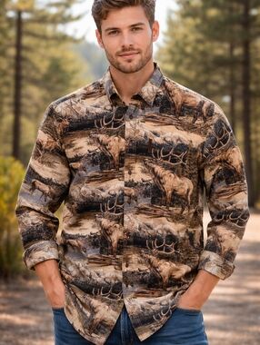 ClearWater Shirt Mens Button Up Elk Moose Deer Shirt Hunting Size Medium Outdoor